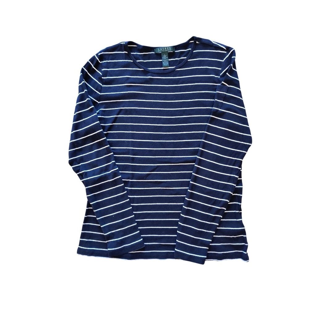 Lauren Ralph Lauren Womens Navy White Striped Long Sleeve Knit Top Size Large